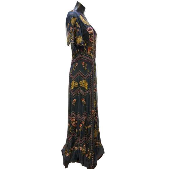 Sundance Embroidered Maxi Dress W/Slip Teal Floral V-Neck M - Picture 3 of 8